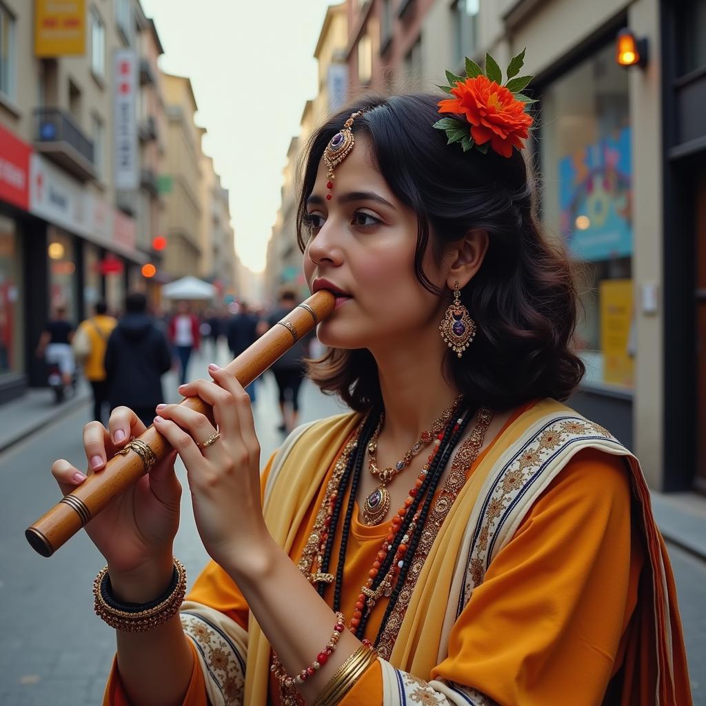 Modern Expressions of Devotion: A young woman wearing traditional attire, holding a flute and looking towards the sky with a peaceful expression. The background features a modern city skyline, blending tradition and contemporary life.