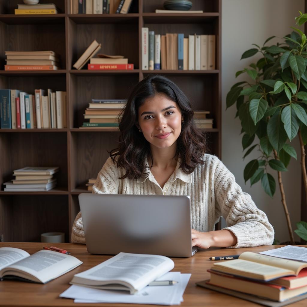 Modern Interpretations of Mohabbat Sher:  A visual depiction of a young woman composing a mohabbat sher on a laptop, surrounded by books and notes.