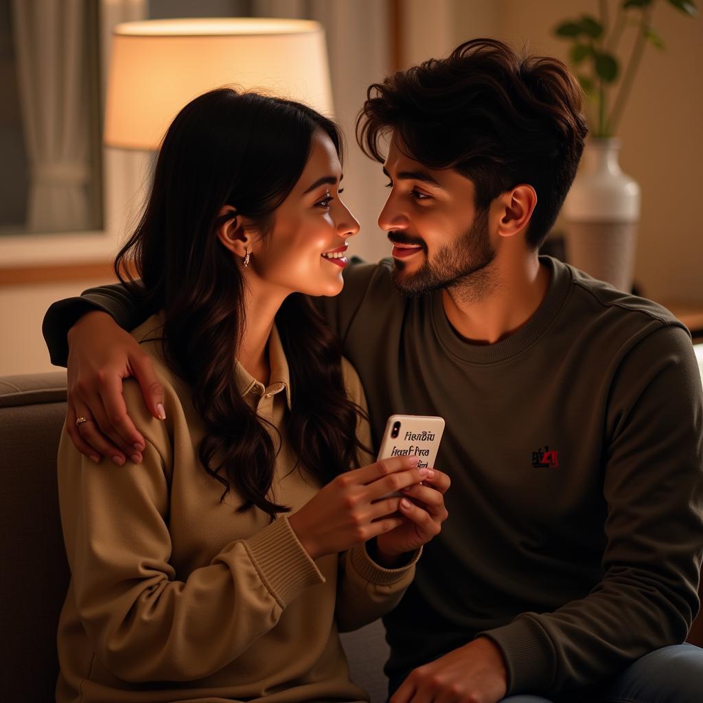 Couple sharing a romantic moment while reading mohabbat quotes in Hindi.