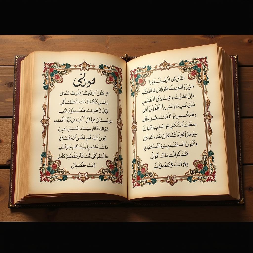 Mohabbat Sher in Urdu Poetry: A visual representation of a traditional Urdu poetry book, open to a page featuring a mohabbat sher, surrounded by calligraphy and floral designs.