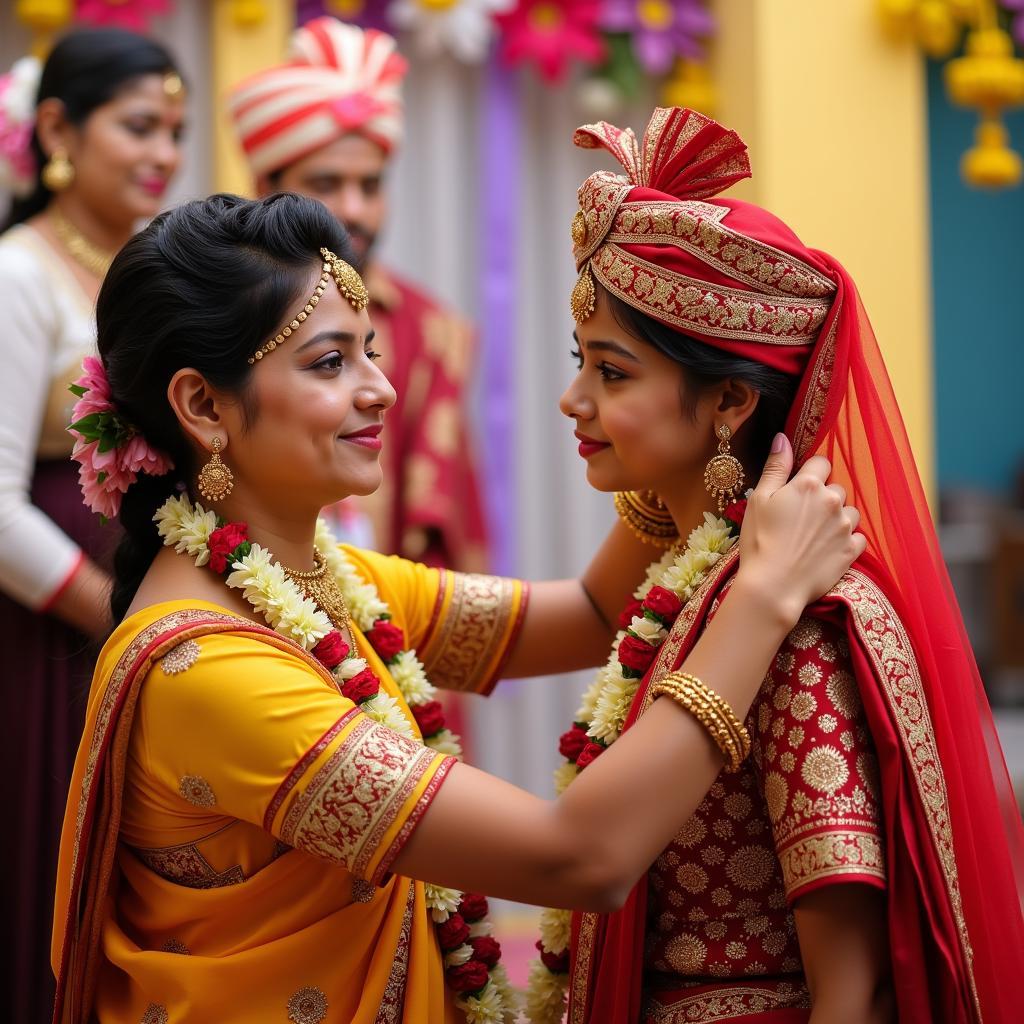 Mother and son sharing a joyful moment at an Indian wedding.