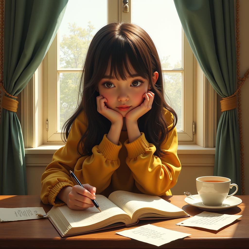 A young woman writing in a journal, expressing her emotions through poetry.