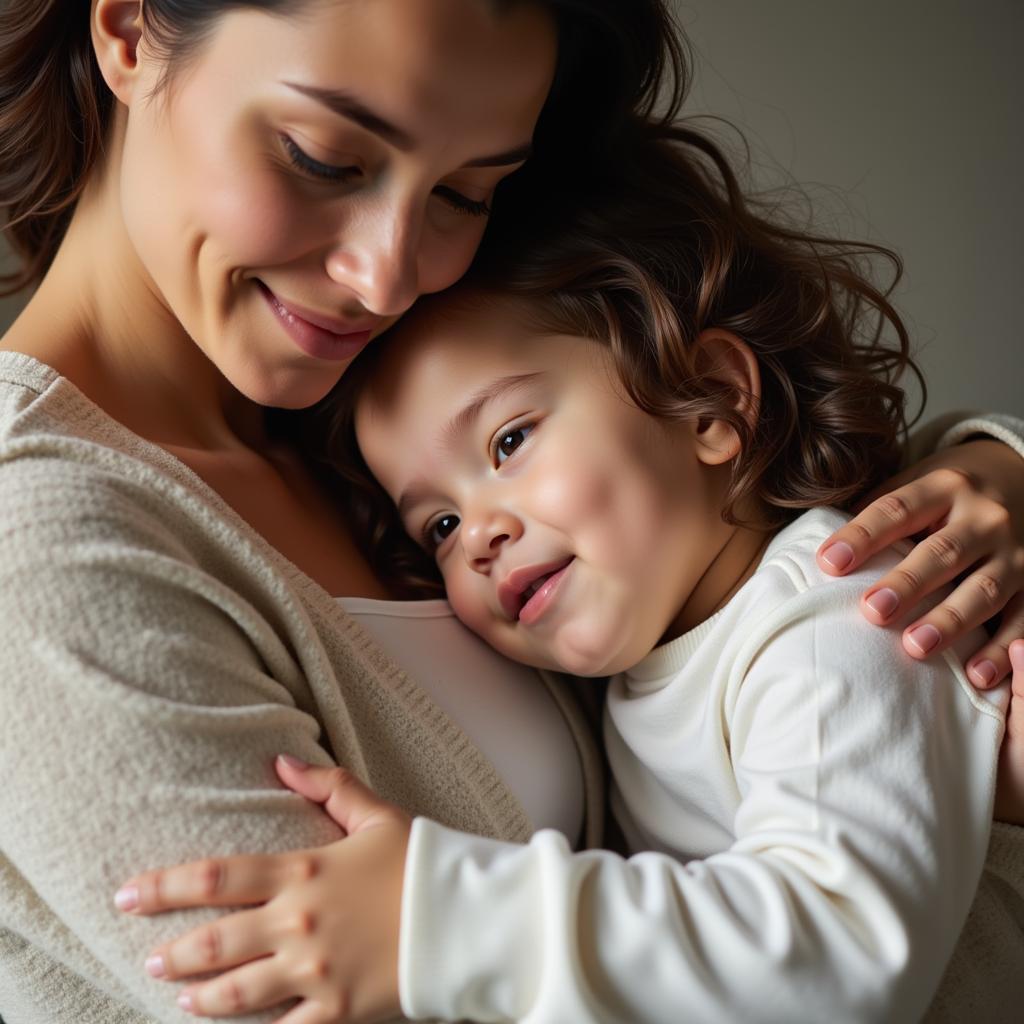 A mother and child embracing warmly