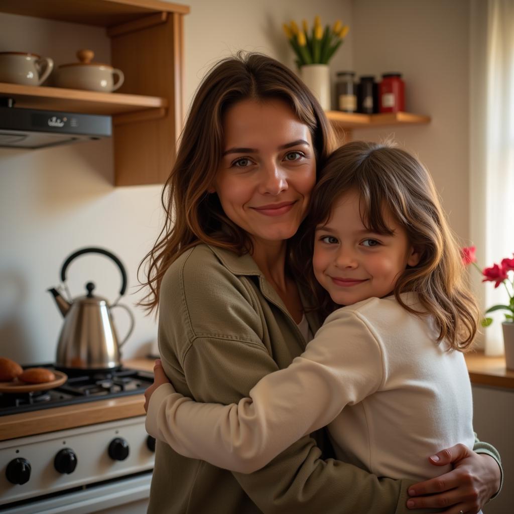 A mother embracing her child in the warm, inviting atmosphere of their home.