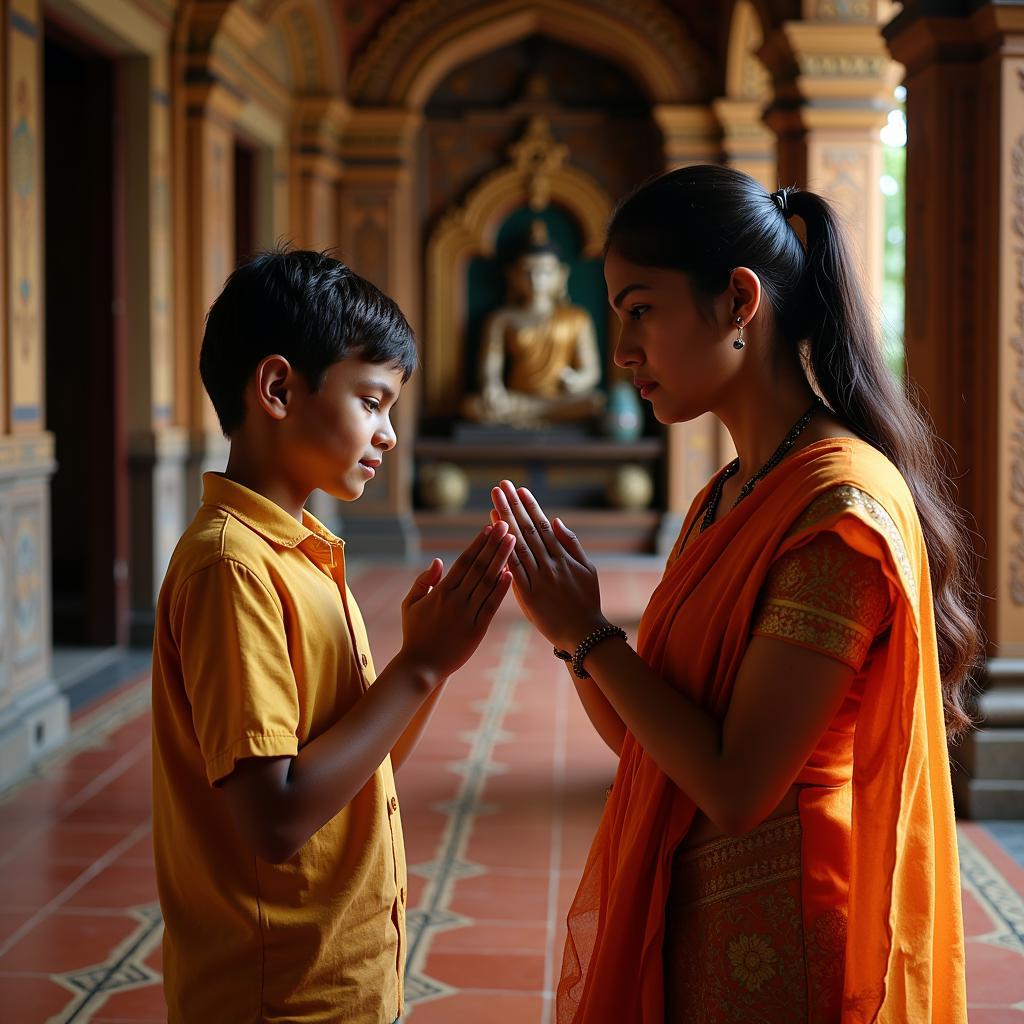 Mother and son praying together at a Hindu temple.