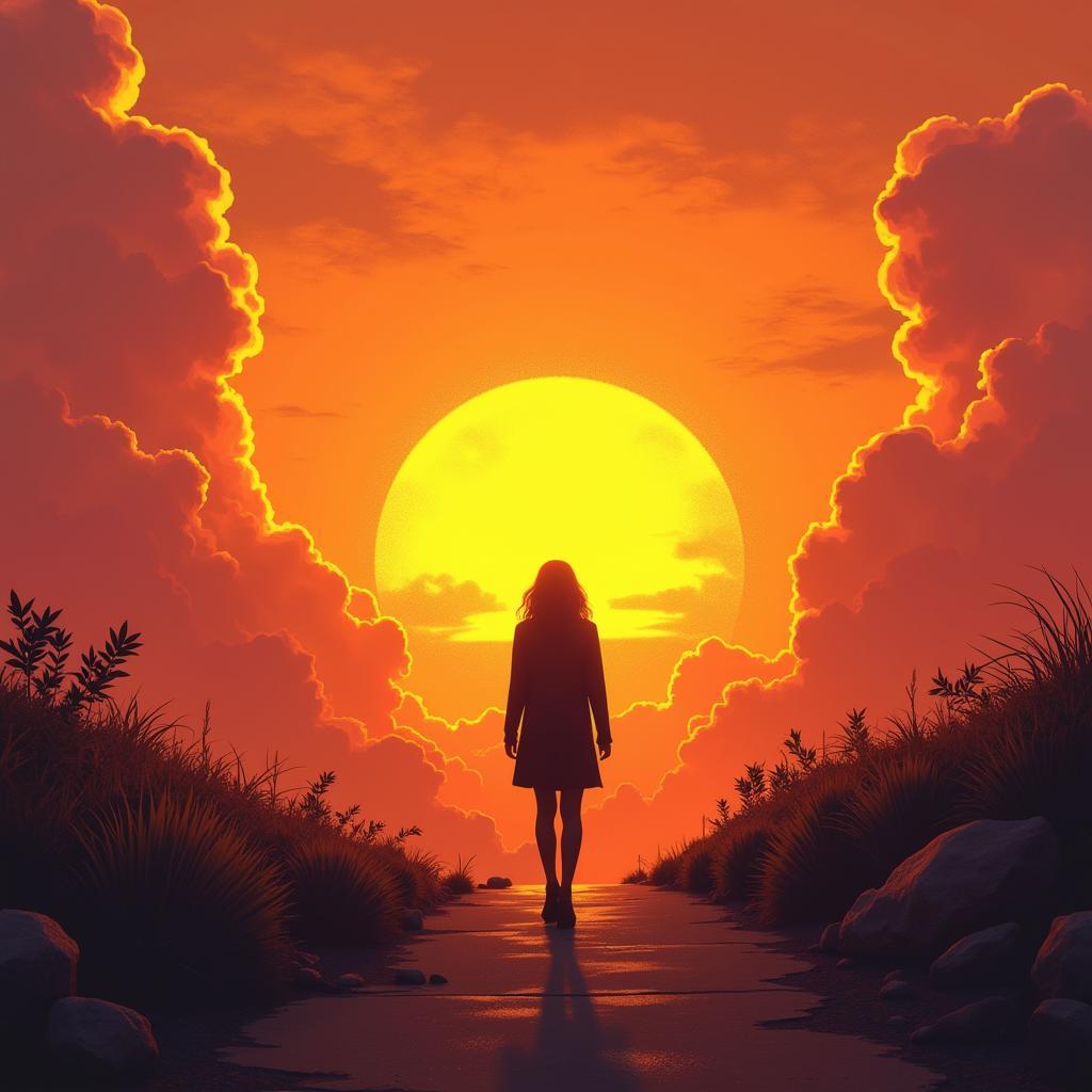 Person walking towards a bright sunrise