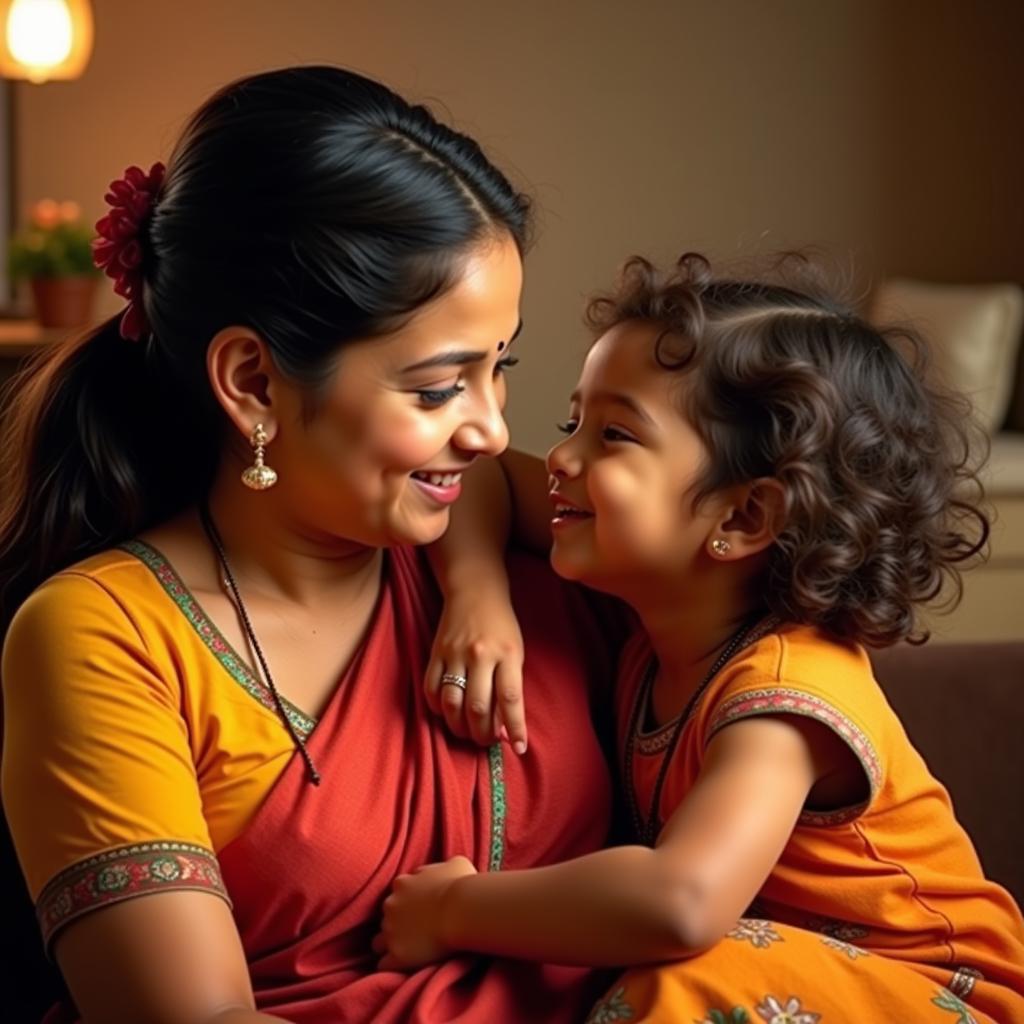 A heartwarming image of a mother and child in traditional Indian attire, symbolizing the strong bond represented by the word "mumma."