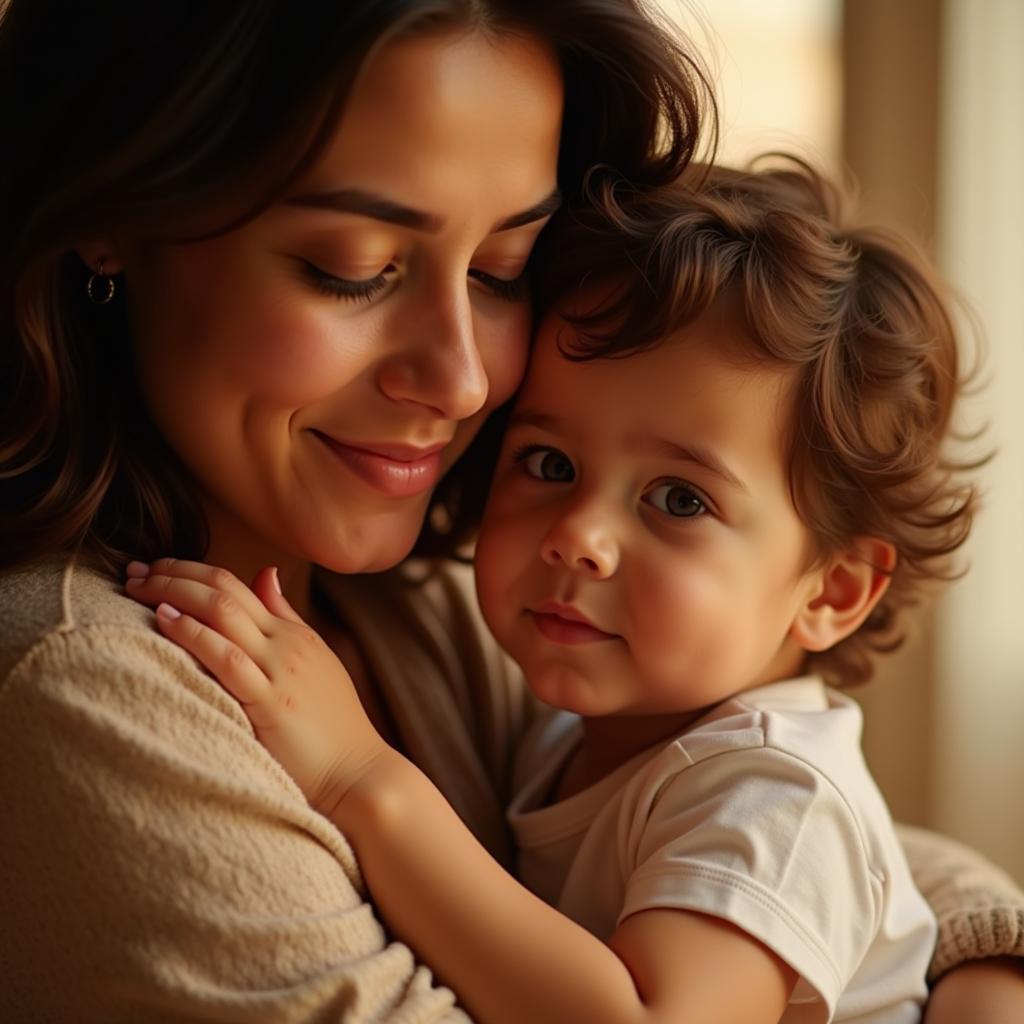 Mother and Child Embracing: A depiction of the deep emotional bond between a mother and her child, reflecting the themes often explored in mummy par shayari.