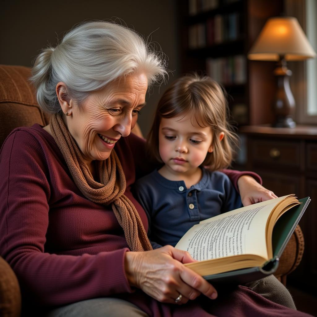 Generational Connection Through Shayari: A depiction of a grandmother sharing shayari with her grandchild, symbolizing the timeless and enduring nature of this art form.