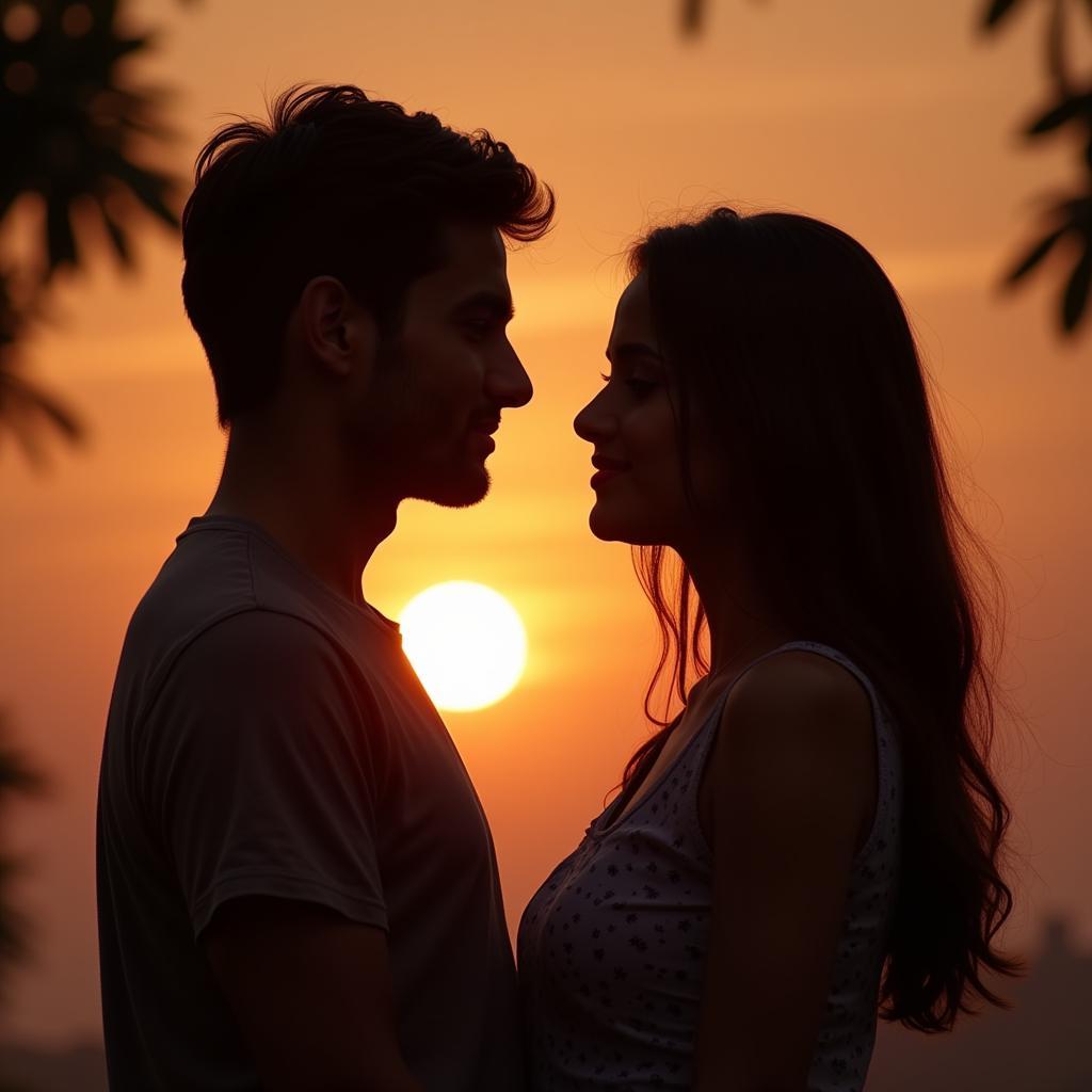 Romantic couple exchanging loving glances, illustrating the power of heartfelt words in Hindi.