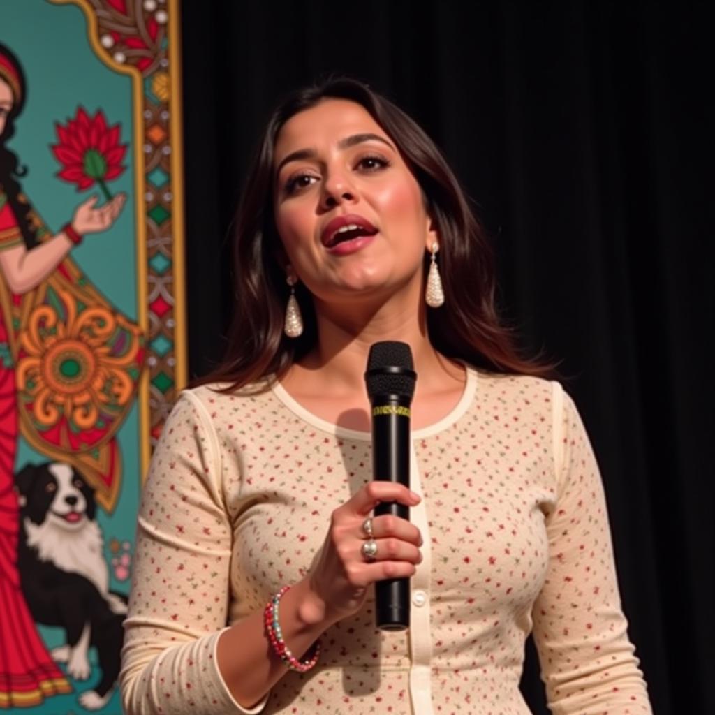 A woman confidently reciting shayari with a microphone in hand.