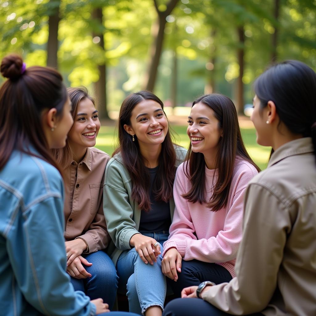 A group of young women sharing shayari with each other, celebrating their strength and resilience.