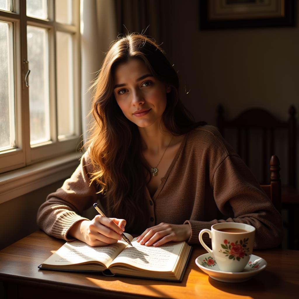 A young woman writing shayari in a notebook, expressing her heartfelt emotions.