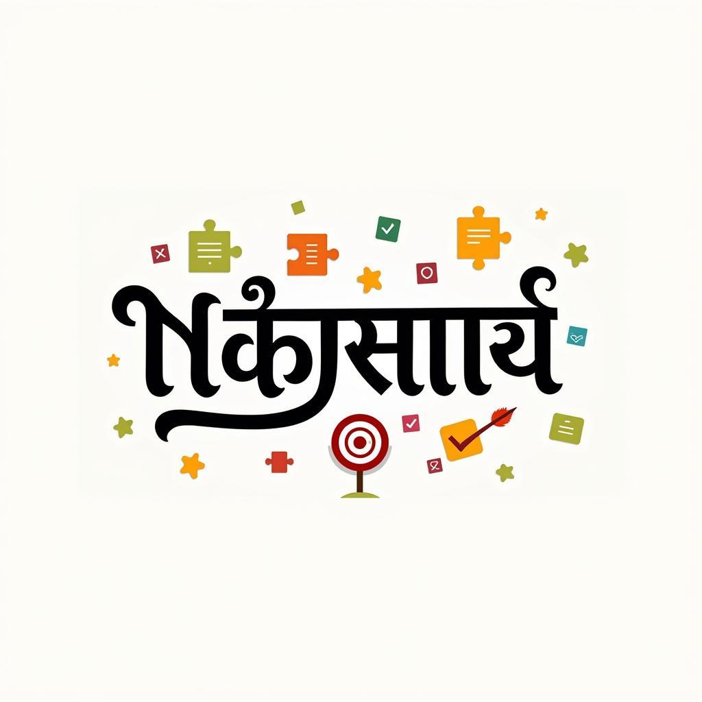 Marathi calligraphy representing the word "Nibhana" with visual elements symbolizing completion and accomplishment.