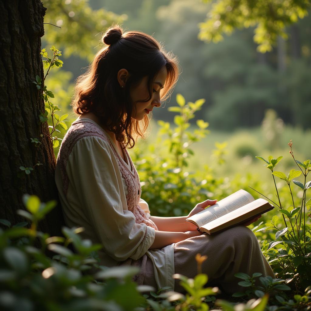 An open book resting on a grassy field, surrounded by flowers and trees.