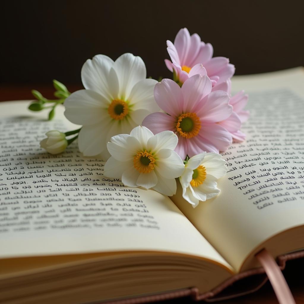 An open book with delicate flowers placed on its pages, symbolizing the beauty and solace found in words and literature.