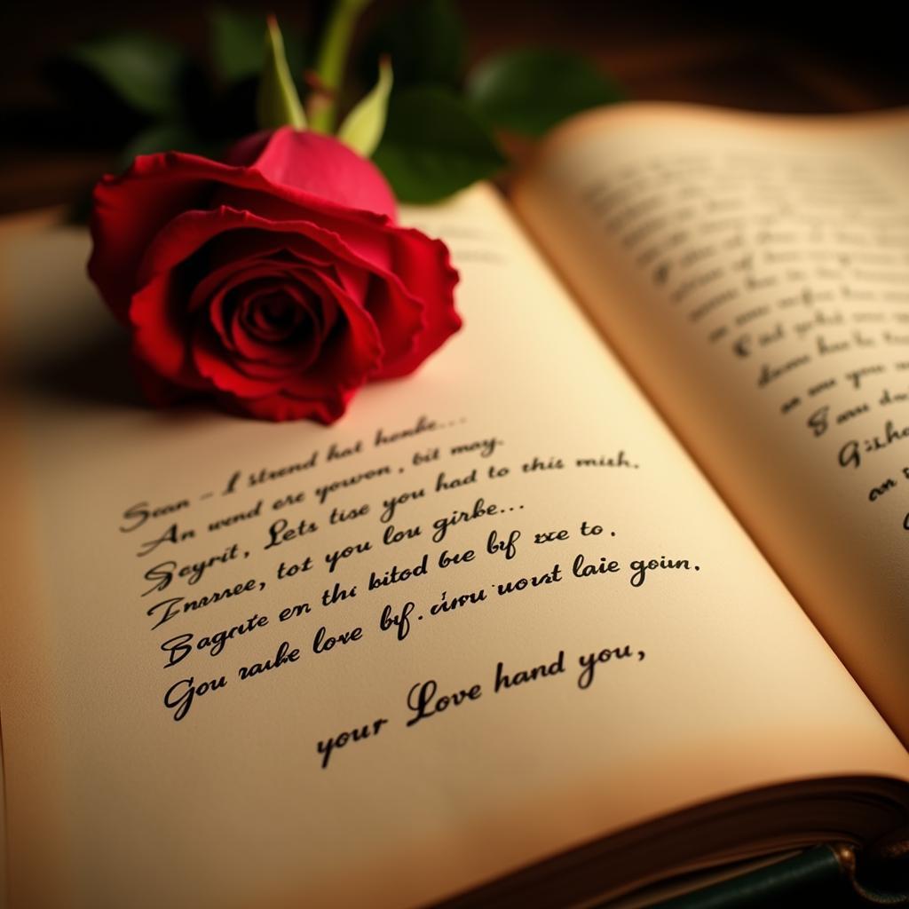 An open book with handwritten shayari love shayari, a single red rose resting on the page.