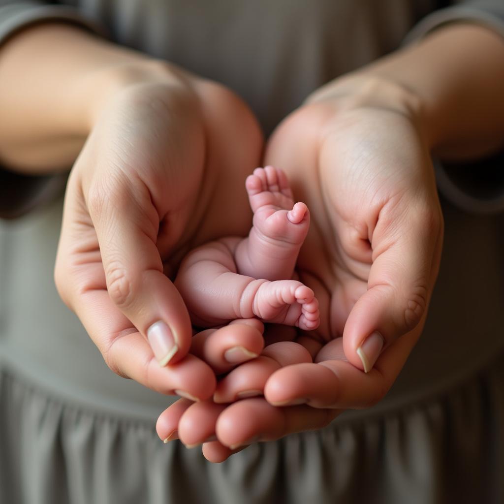 Parents holding their baby's tiny hands, symbolizing love and protection.