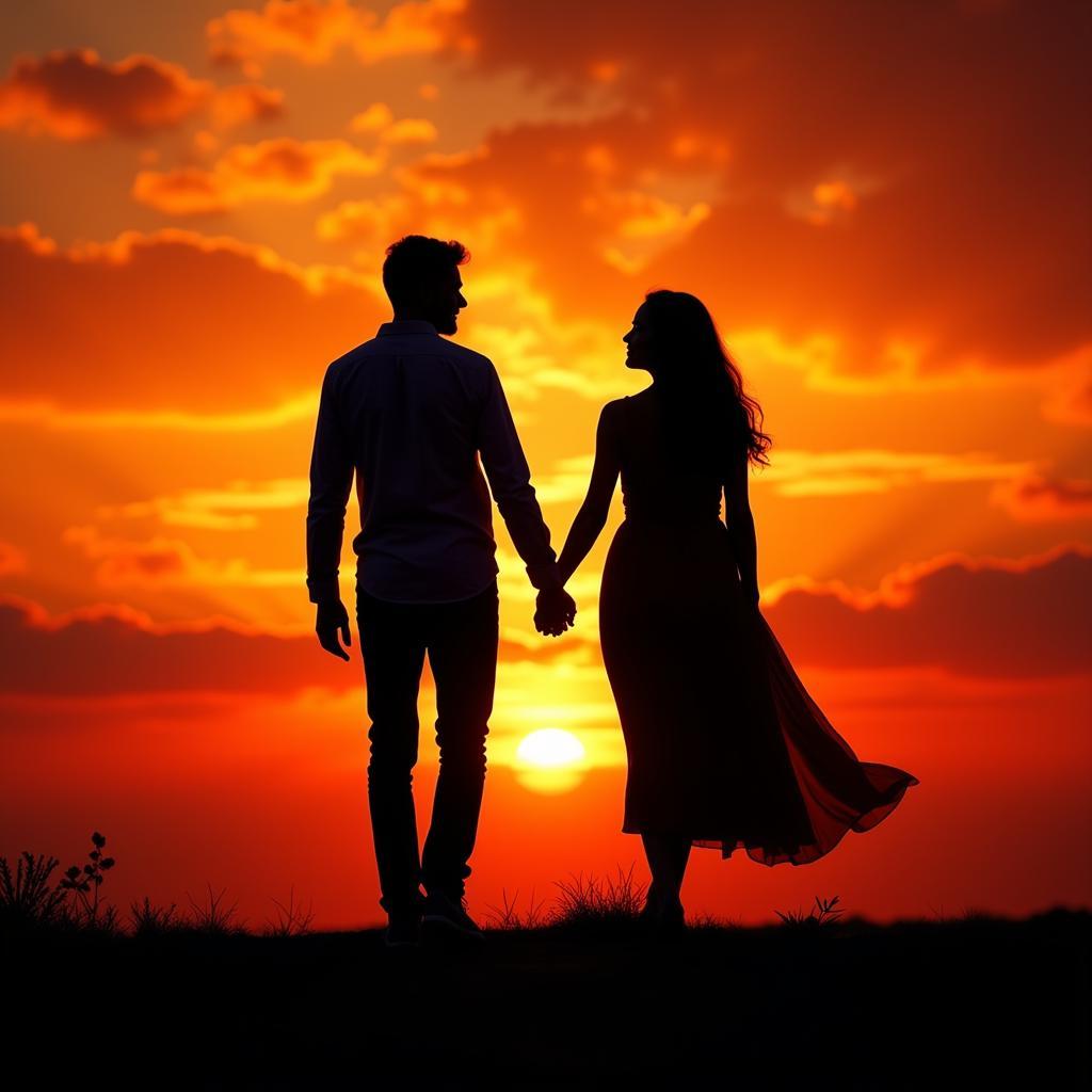 Couple walking hand-in-hand at sunset