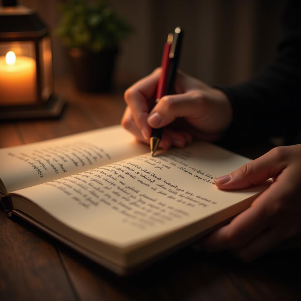 Person writing poetry in a notebook with a pen