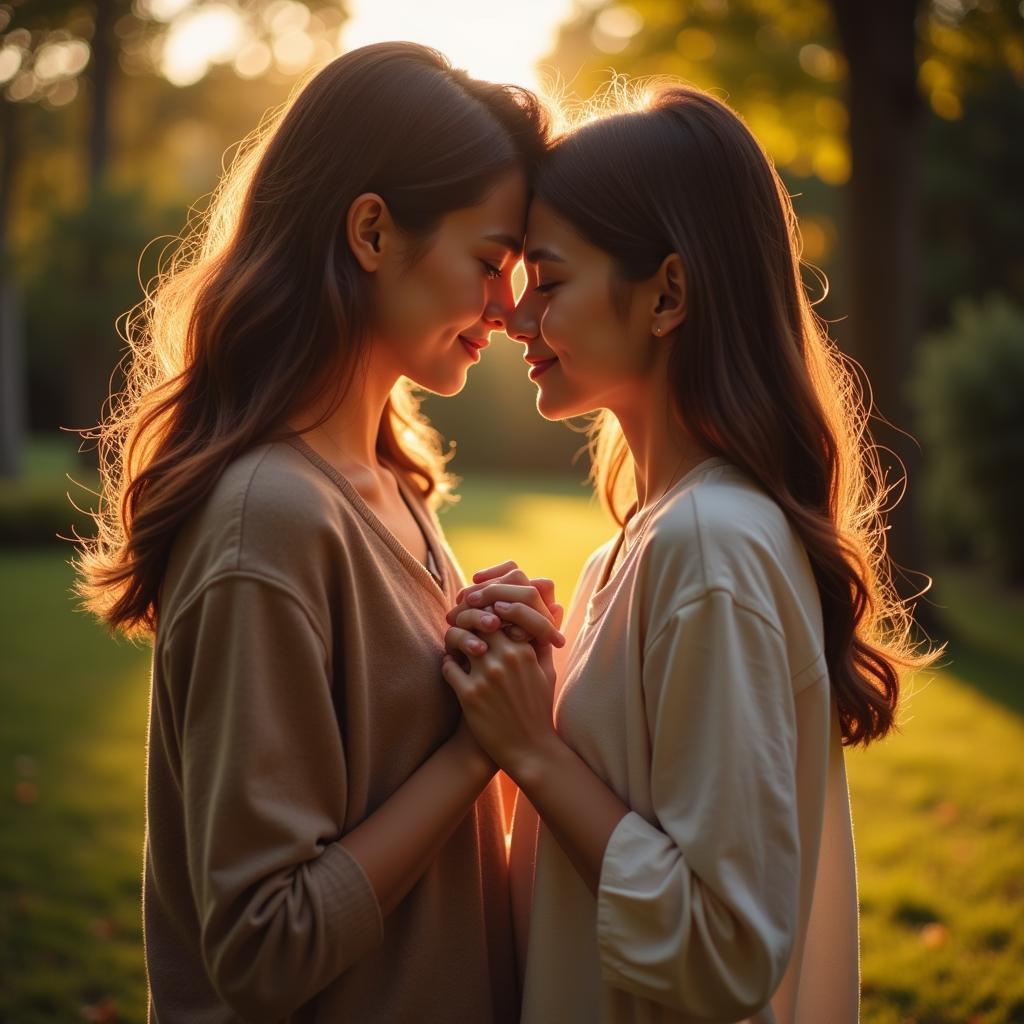 Young couple holding hands, gazing at each other lovingly