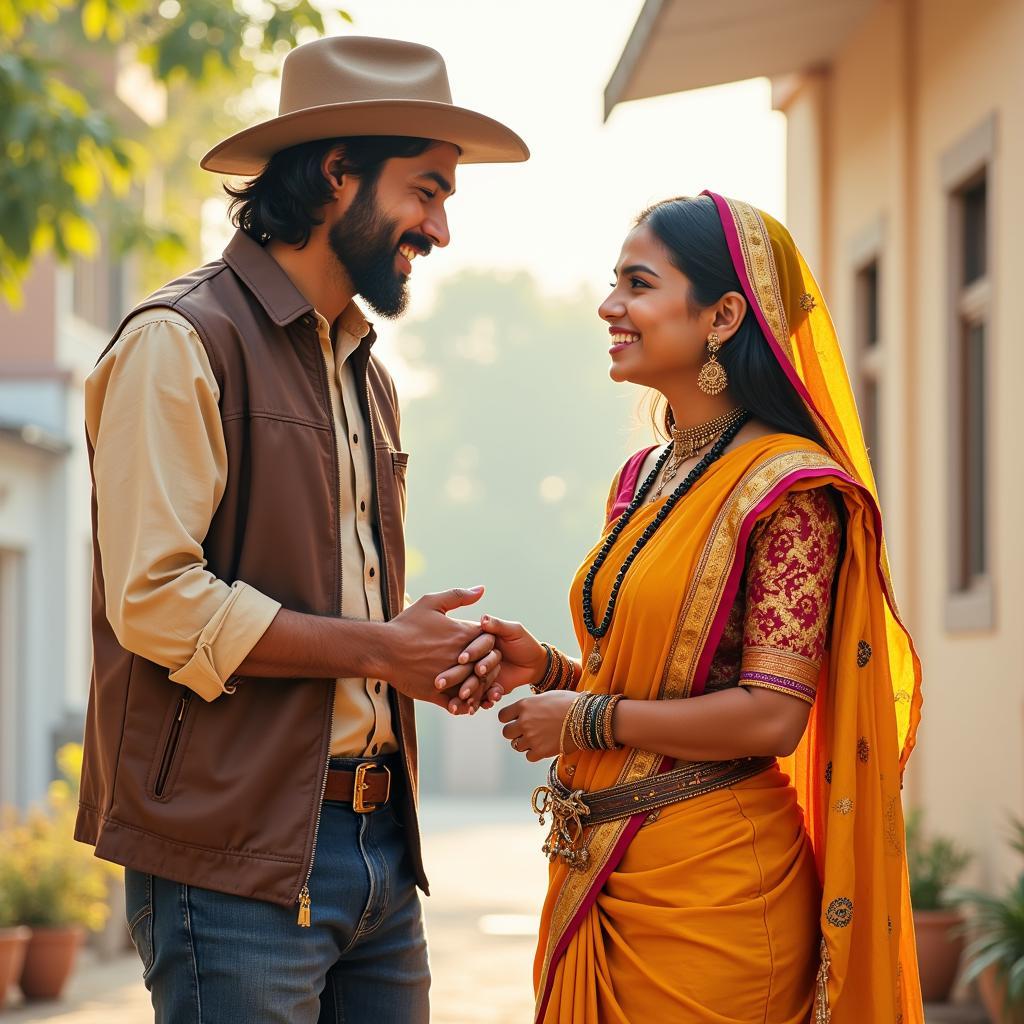 Two people from different cultures exchanging smiles.