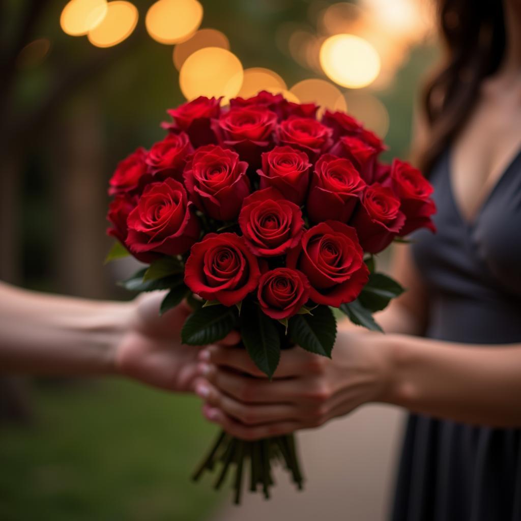 A person proposing with a bouquet of red roses