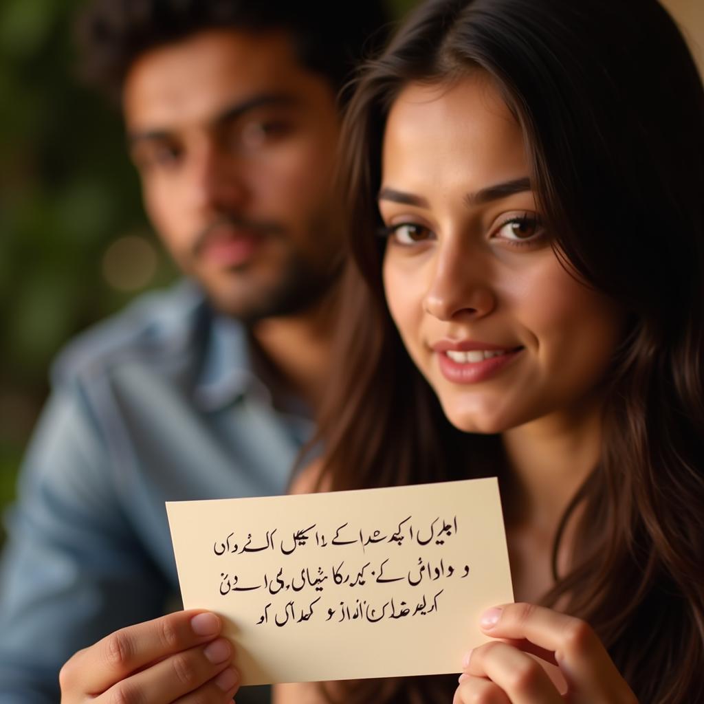 A young woman proposing to a man with a heartfelt shayari written on a card.