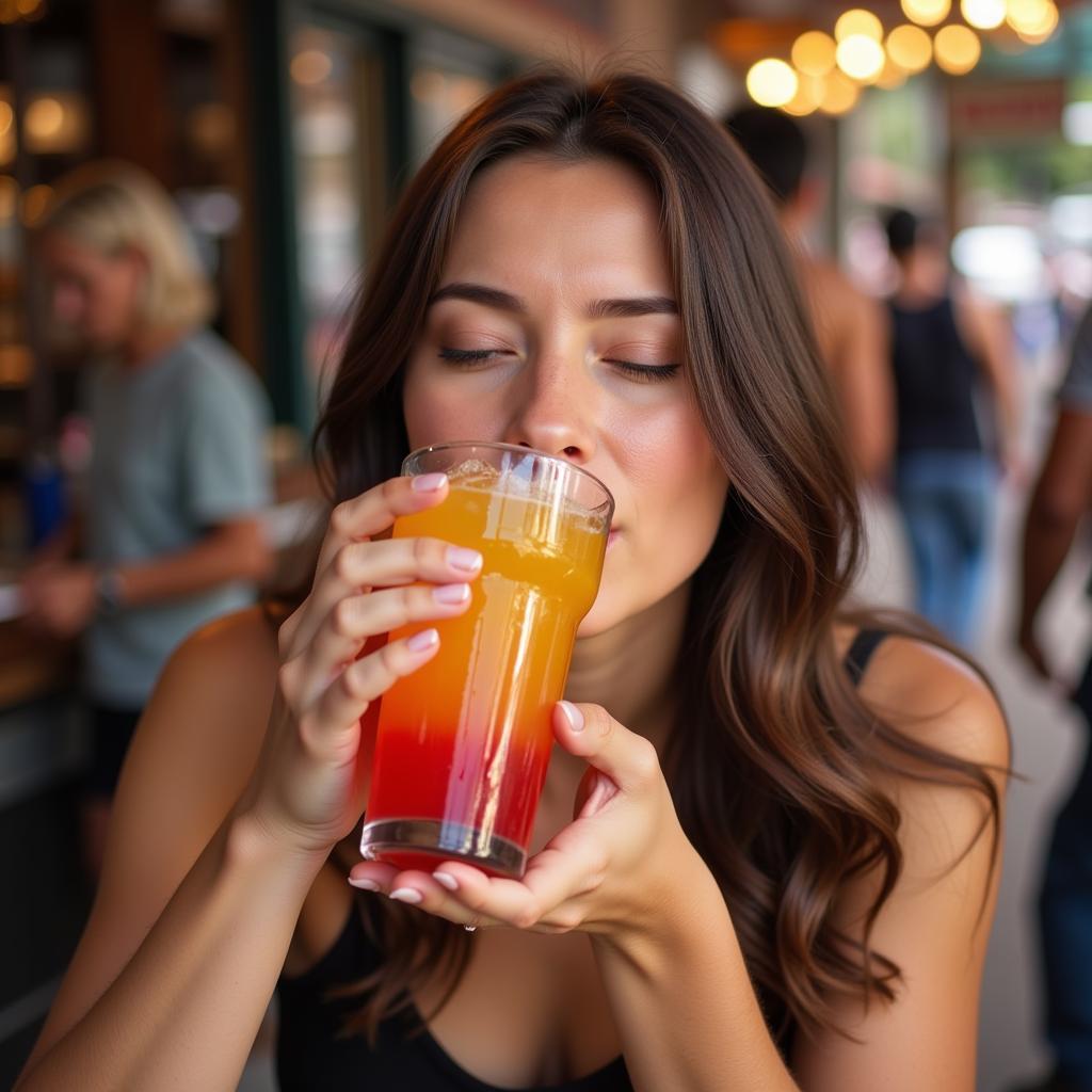 A person drinking a refreshing beverage to quench their thirst