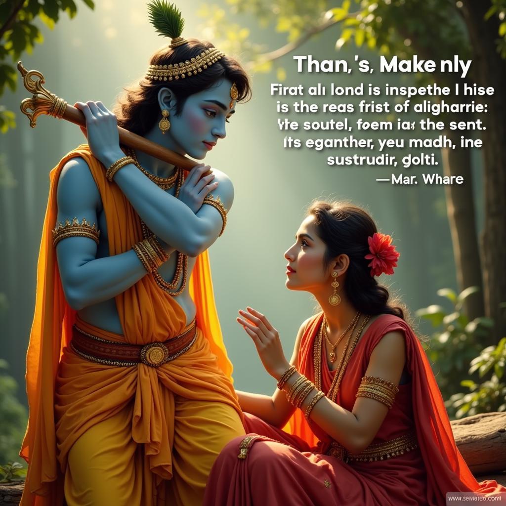 Radha Krishna with Flute and Quote About Devotion