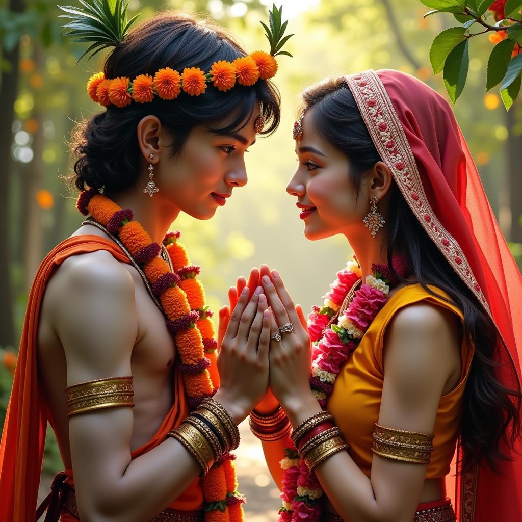 Radha and Krishna Sharing a Flower Garland