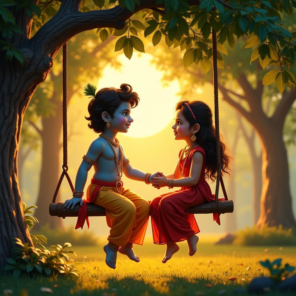 Radha and Krishna Swinging Under a Tree