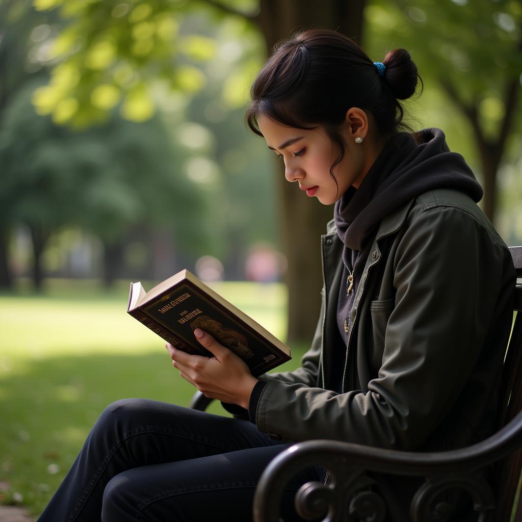 Person reading a book of shayari, deeply engrossed in the words.