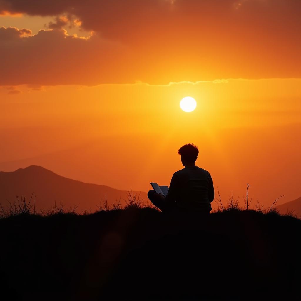 A person reading a book of love shayari against a beautiful sunset backdrop.