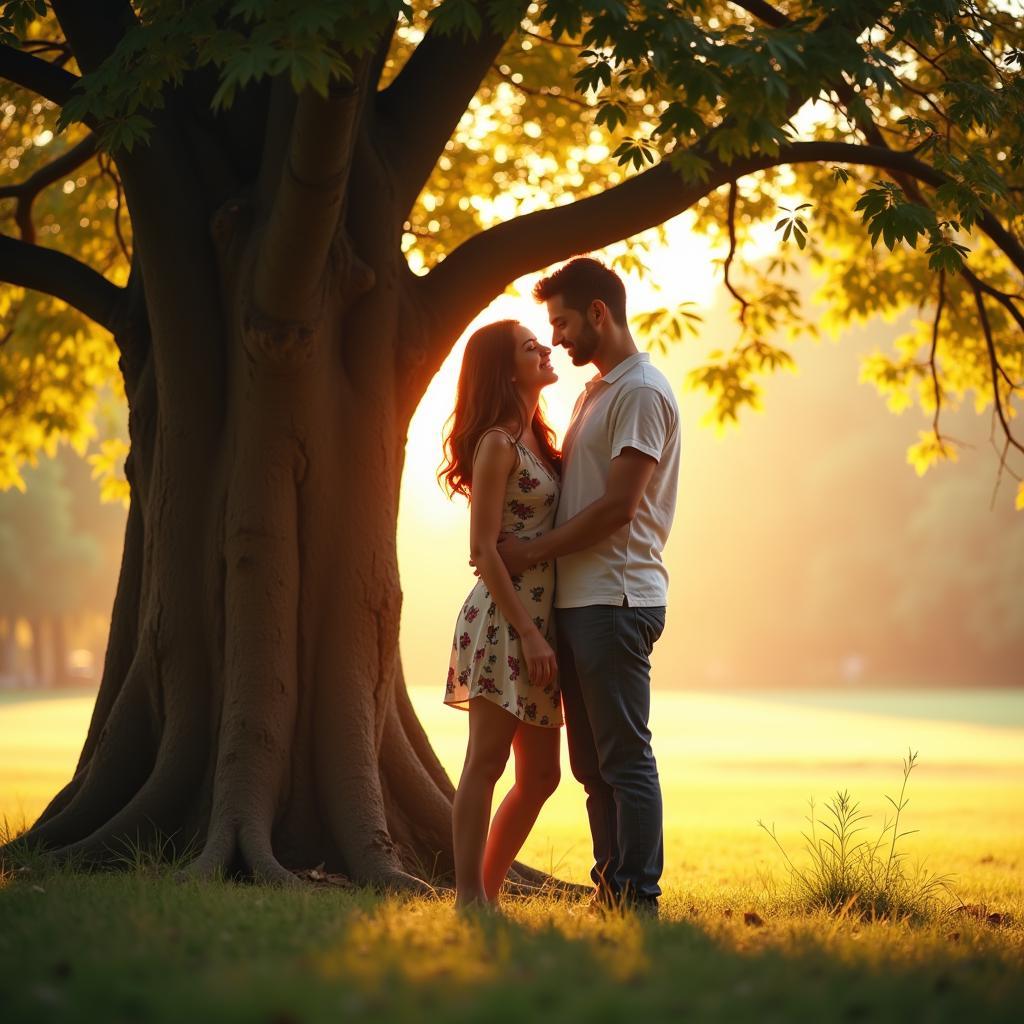 Rishte Shayari Hindi Love: A couple embracing under a tree, symbolizing the strength and love within a relationship.