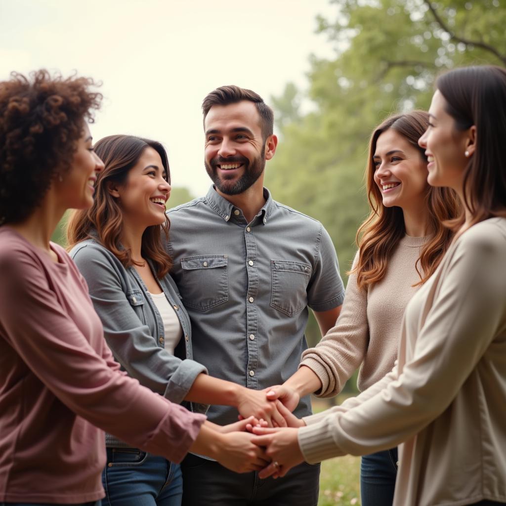 Nurturing Our Connections: Visual representation of people supporting each other, showing a group of individuals holding hands in a circle.