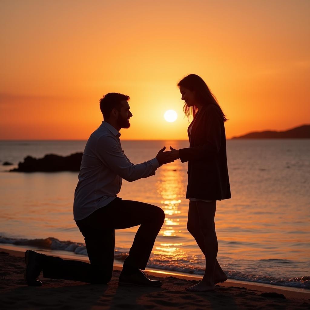 Silhouette of a couple on a beach at sunset, one down on one knee proposing