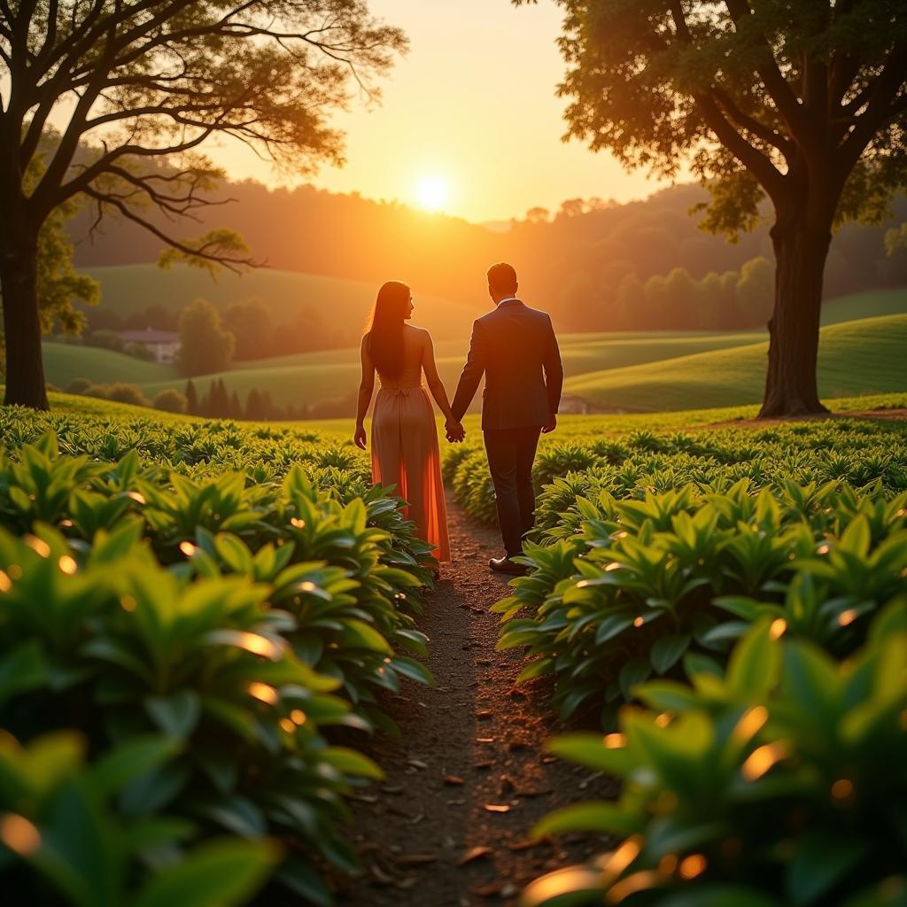 Couple Holding Hands in a Tea Garden with Romantic Shayari Overlay