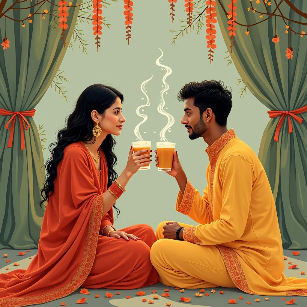 A couple sharing a cup of chai, with Urdu shayari about love overlaid on the image.