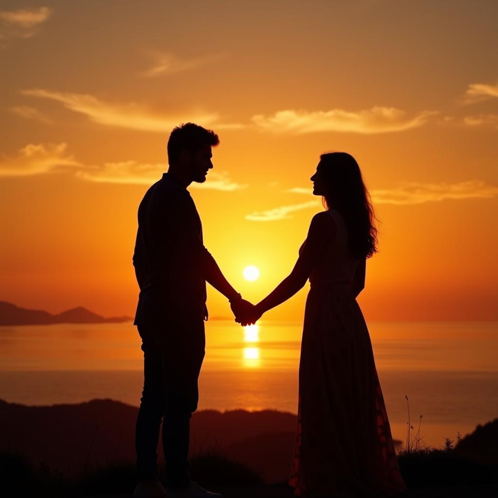 Shared Moments: A couple silhouetted against a vibrant sunset, holding hands and gazing at the horizon.