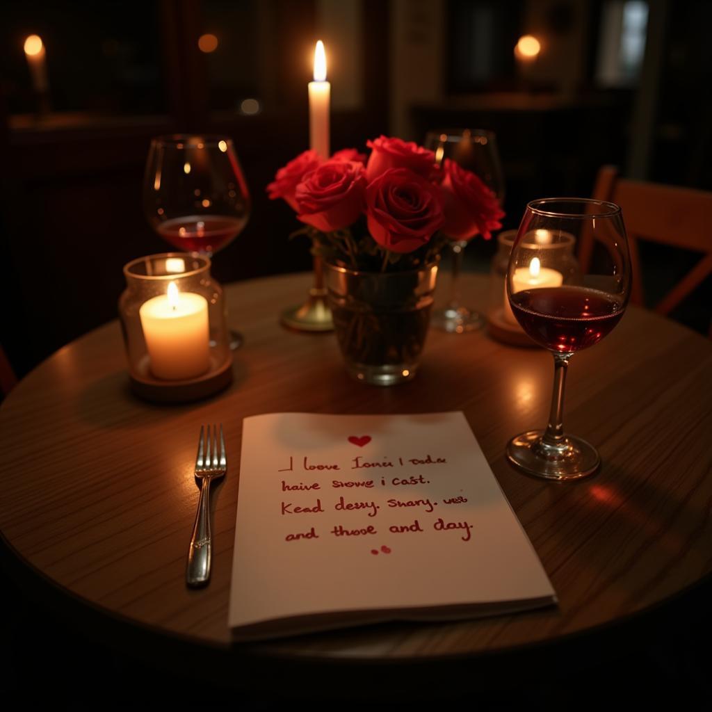 A romantic dinner setting with a handwritten shayari card