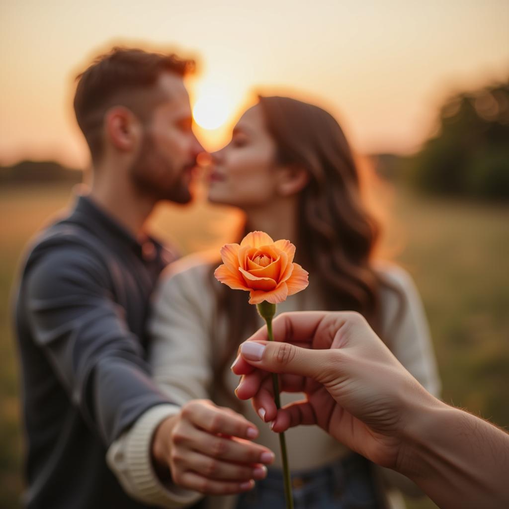 A close-up of a hand holding a flower, with a blurred background of a couple