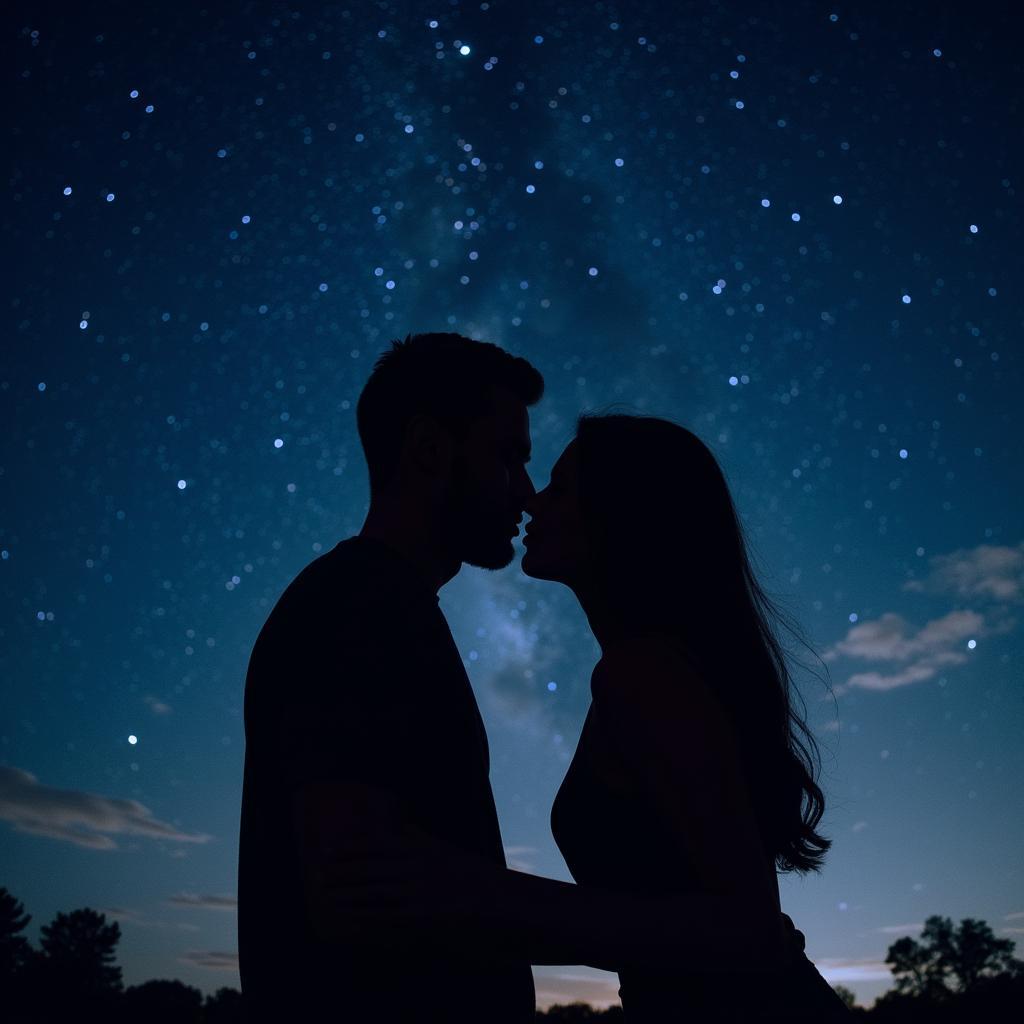 A couple embracing in a loving kiss under a starry night.