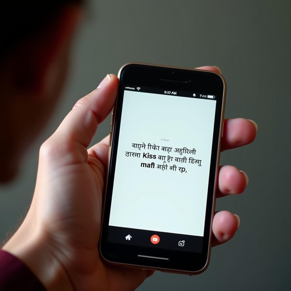 Sharing Romantic Kiss Shayari: A hand holding a mobile phone displaying a romantic message, symbolizing how technology facilitates the sharing of love and poetry.