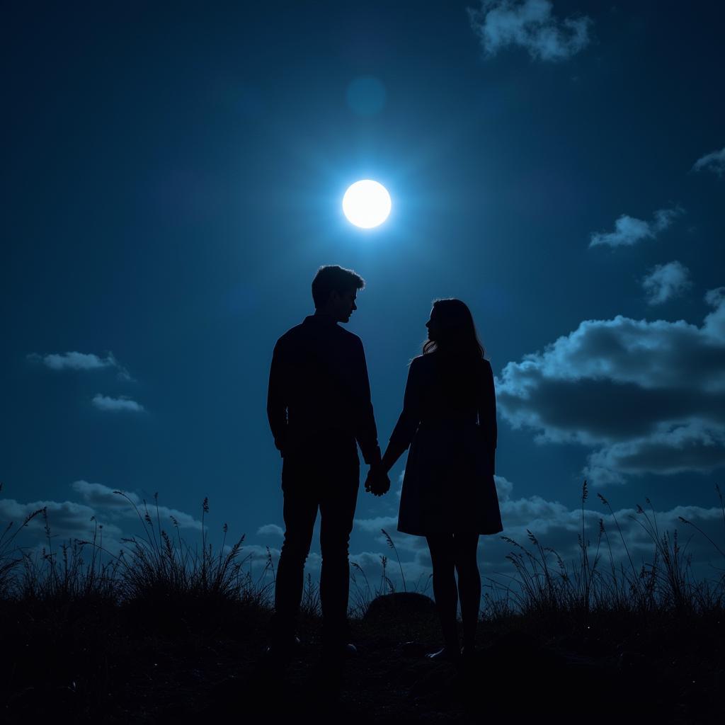 Couple embracing under a moonlit sky