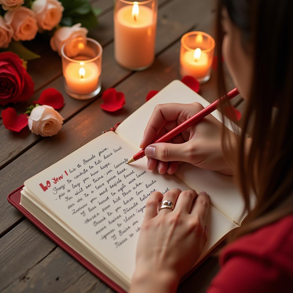 Person writing heartfelt shayari in a notebook