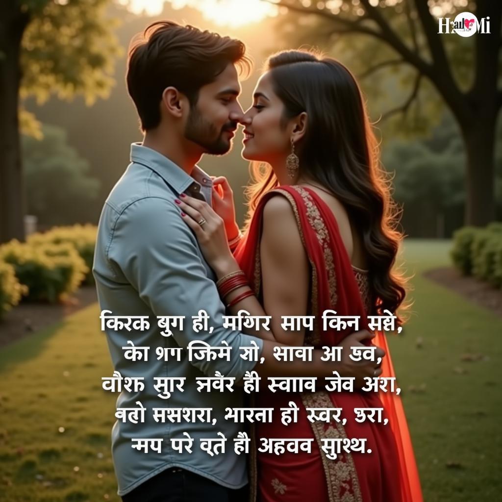 Couple embracing, sharing a romantic shayari