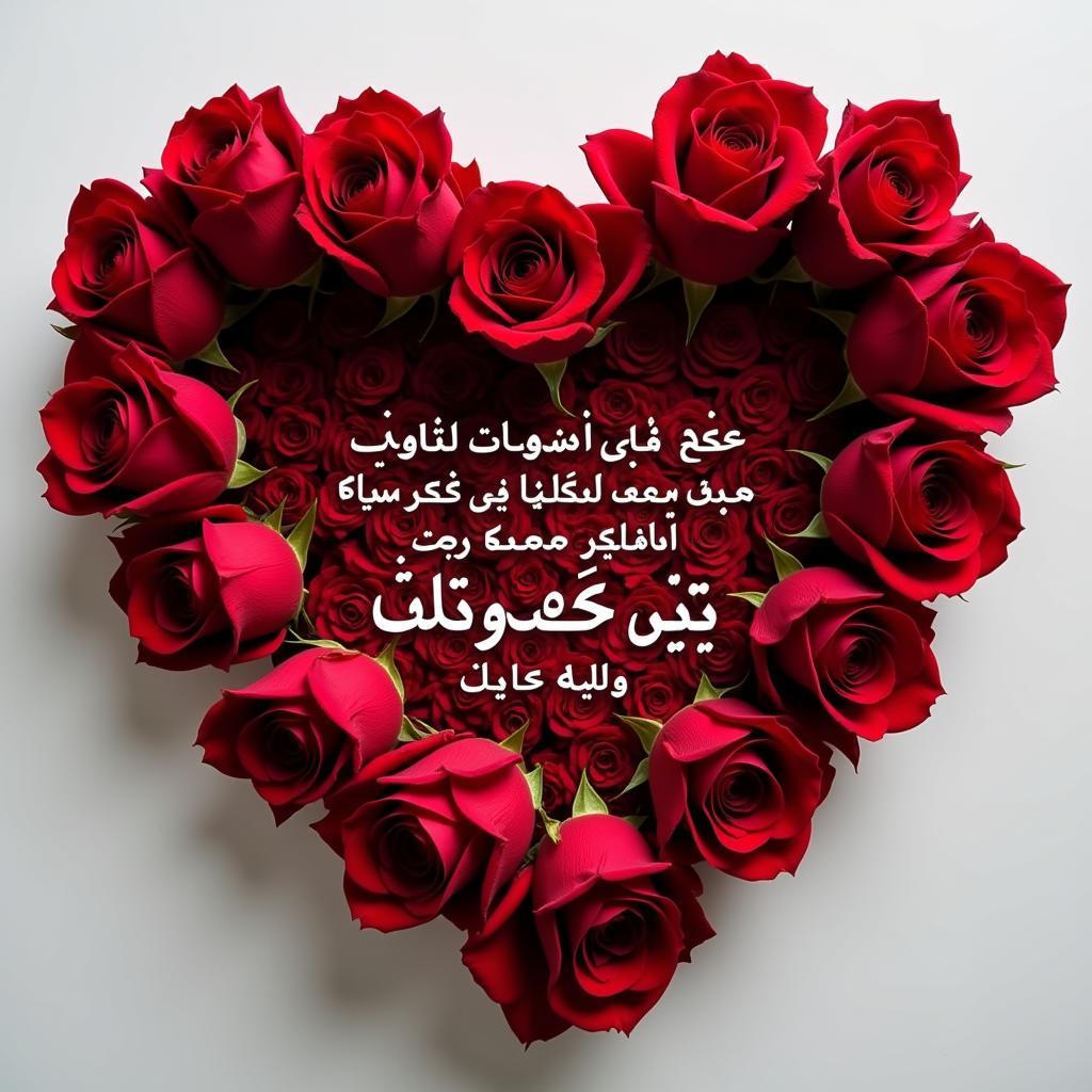 Romantic Shayri Image: Red roses arranged in a heart shape with a delicate Urdu shayri about passionate love written in elegant calligraphy.