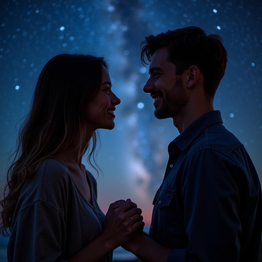 Couple gazing lovingly at each other under a starry sky