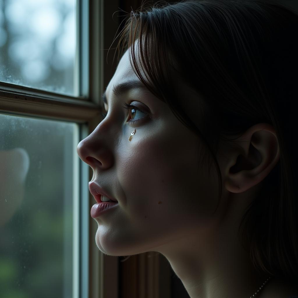 A woman looking wistfully out a window, a single tear rolling down her cheek. Her expression conveys a deep sense of sadness and longing.